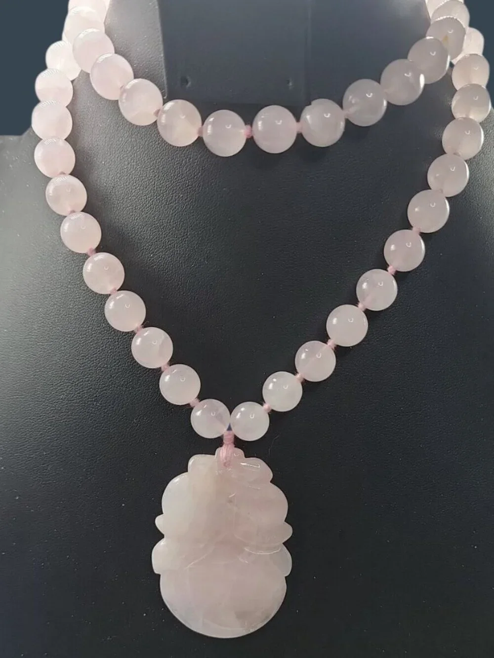 Chinese Rose Quartz Hand Knotted Mala Lotus Design Necklace 28